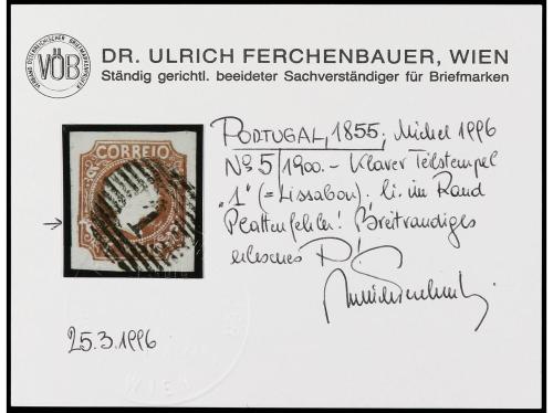 ° PORTUGAL. Mu. 5. 5 reis castaño, mat. círculo de barras co