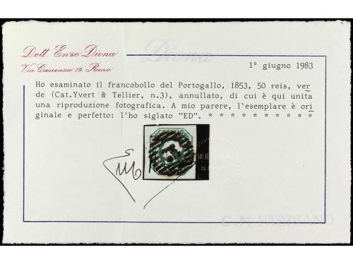 ° PORTUGAL. Mu. 3. 50 reis verde, mat. círculo de barras con