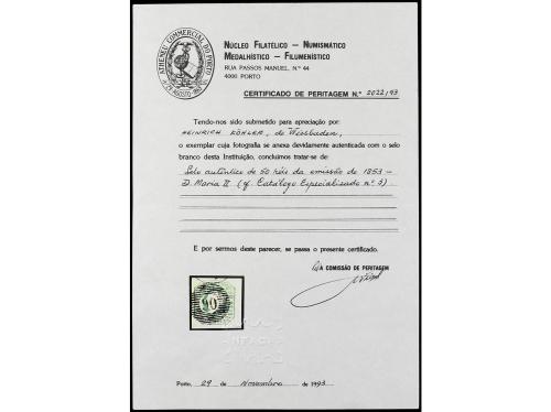 ° PORTUGAL. Mu. 3. 50 reis verde, mat. círculo de barras con