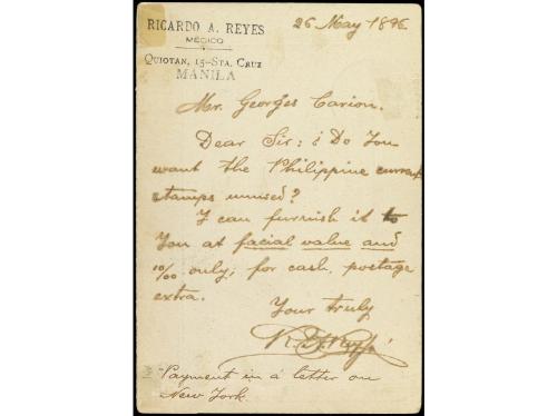 ✉ FILIPINAS. 1896. MANILA a SAN FRANCISCO (U.S.A). Tarjeta P