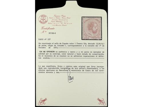 * ESPAÑA. Ed. 127. 1 pta. gris. MAGNÍFICO EJEMPLAR. Cert. GR