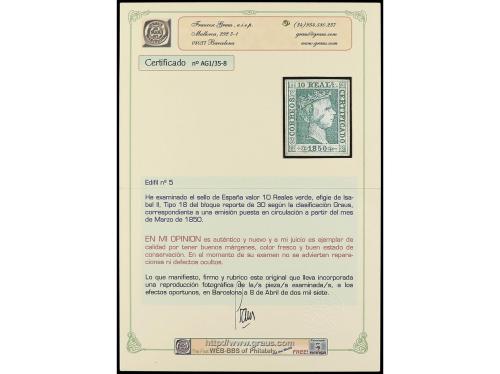 * ESPAÑA. Ed. 5. 10 reales verde. MAGNÍFICO EJEMPLAR. Cert. 