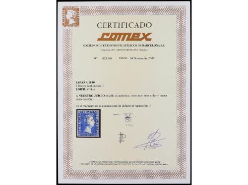 * ESPAÑA. Ed. 4. 6 reales azul. MAGNÍFICO EJEMPLAR. Cert. CO