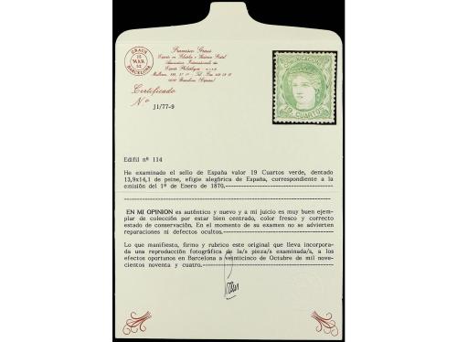 * ESPAÑA. Ed. 114. 19 cuartos verde. MAGNÍFICO EJEMPLAR. Cer