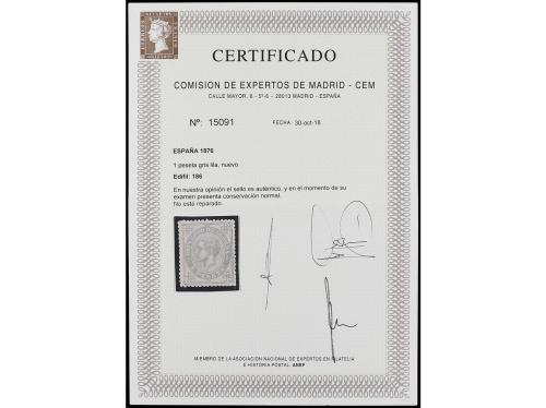 ** ESPAÑA. Ed. 186. 1 pta. gris. PIEZA DE LUJO. Cert. CEM. 