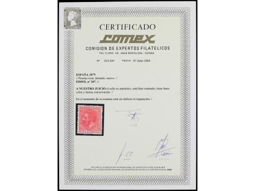 (*) ESPAÑA. Ed. 207. 1 pta. rosa. PIEZA DE LUJO. Cert. COMEX