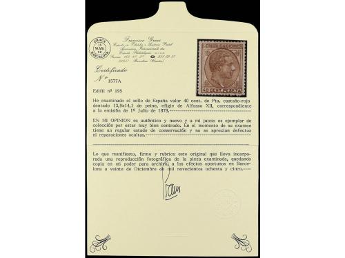 ** ESPAÑA. Ed. 195. 40 cts. castaño rojo. PIEZA DE LUJO. Cer