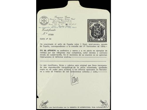 * ESPAÑA. Ed. 34. 1 real azul. PIEZA DE LUJO. Cert. GRAUS. C