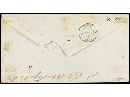 ✉ LEVANTE. 1860. BEYROUT a PARIS. 5 cts. verde (2) y 40 cts.