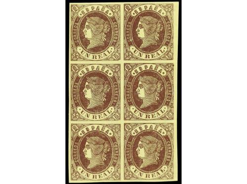 ** ESPAÑA. Ed. 61. 1 real castaño. Bloque de 6 y tira de 4. 