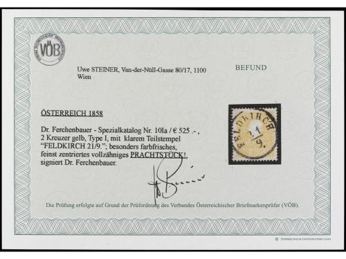 ° AUSTRIA. Yv. 6. 1858-59. 3 kr. amarillo, Tipo I. Mat. fech