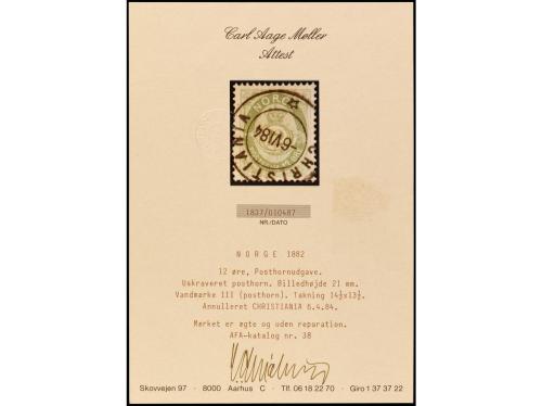 ° NORUEGA. 1883-90. 12 ore verde pálido. MAGNÍFICO. Cert. C.