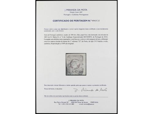 ° PORTUGAL. Yv. 4. 1853. 100 reis lila. Mat. numeral 52 en a