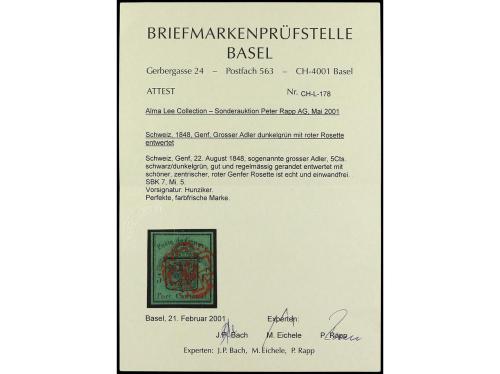 ° SUIZA. Yv. 3A. 1845-48. 5 cts. negro s. verde oscuro. Mat.