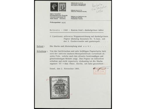 ° SUIZA. Yv. 3A. 1845-48. 5 cts. negro s. verde oscuro. Mat.