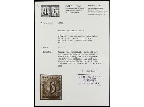 ° SUIZA. Yv. 10a. 1843. 6 rp. negro Tipo I pos. 41. Líneas d