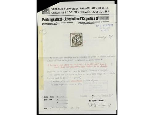 ° SUIZA. Yv. 10a. 1843. 6 rp. negro Tipo I pos. 41. Líneas d