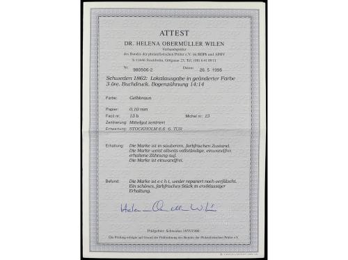 ° SUECIA. Yv. S 2. 1856-62. SERVICIO. (3 ore) bistre. MAGNÍF