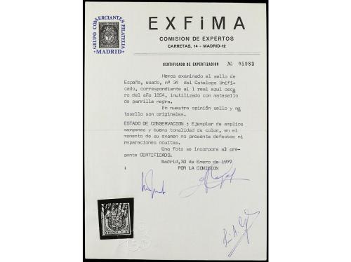 ° ESPAÑA. Ed. 34. 1 real azul. MAGNÍFICO. Cert. EXFIMA. 