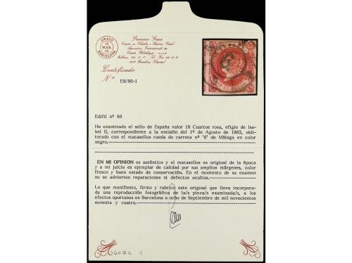 ° ESPAÑA. Ed. 60. 19 cuartos rosa. Mat. R.C. 6 de Málaga. MA