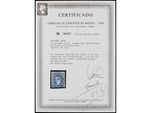 ° ESPAÑA. Ed. 112. 2 Esc. azul. mat. parrilla con cifra 1 de