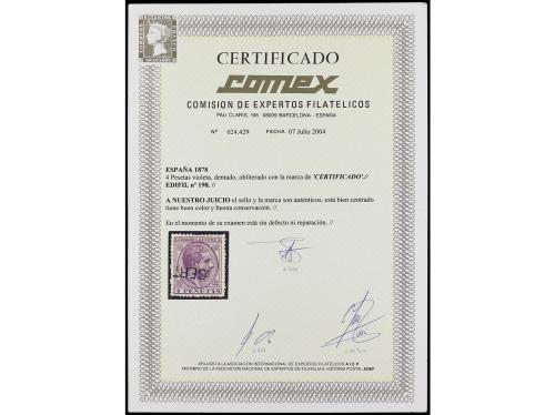° ESPAÑA. Ed. 198. 4 pts. violeta, mat. lineal CERTIFICADO. 