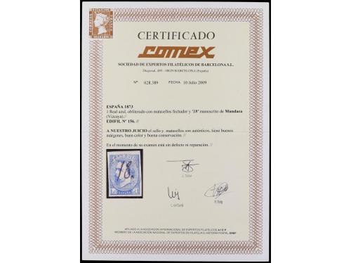 ° ESPAÑA. Ed. 156. 1 real azul, mat. numeral "18" y fechador