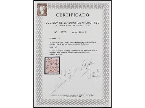° ESPAÑA. Ed. 157. 16 mrvs. rosa, mat. a pluma"OLIANA/25 MAY