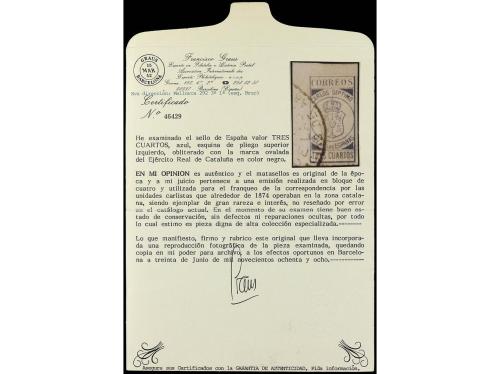 ° ESPAÑA. 3 cuartos azul, mat. del Ejército Real de Cataluña