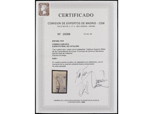 ° ESPAÑA. 3 cuartos azul, mat. del Ejército Real de Cataluña