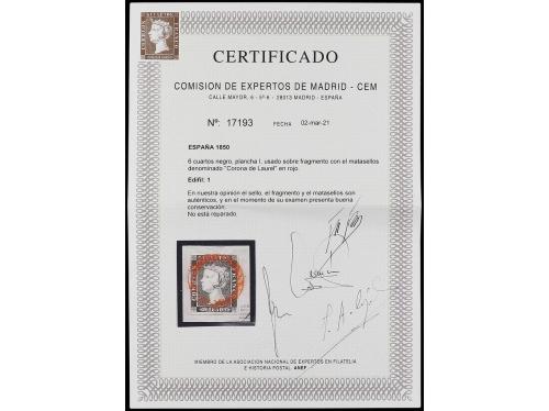 Δ ESPAÑA. Ed. 1. 6 cuartos negro sobre pequeño fragmento ma