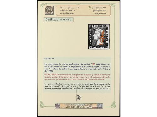 ESPAÑA. Ed. 1A. 6 cuartos negro, mat. 1/2 en rojo de porteo.