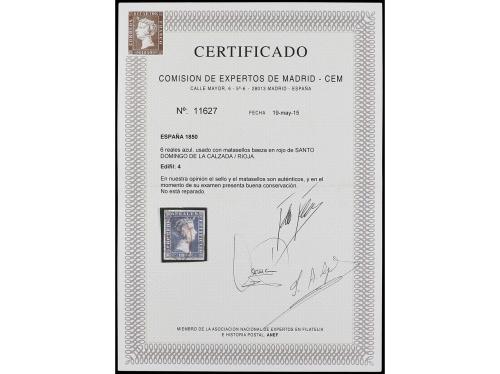 ° ESPAÑA. Ed. 4. 6 reales azul, mat. fechador SANTO DOMINGO 