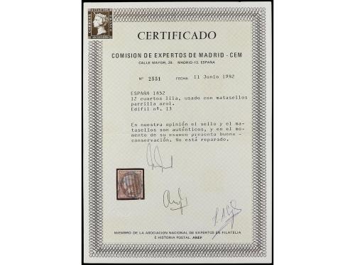 ° ESPAÑA. Ed. 13. 12 cuartos lila, mat. parrilla AZUL. PRECI