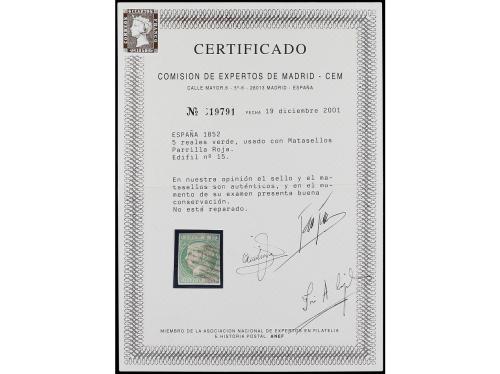 ° ESPAÑA. Ed. 15. 5 reales verde, mat. parrilla ROJA. Muy bo