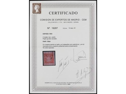 ° ESPAÑA. Ed. 25pb. 2 reales bermellón, papel grueso azulado