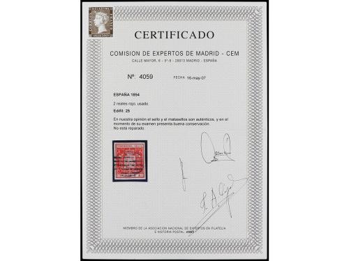 ° ESPAÑA. Ed. 25. 2 reales bermellón. MAGNÍFICO. Cert. CEM. 