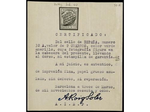 ° ESPAÑA. Ed. 32A. 2 cuartos verde. Papel grueso azulado. Bo