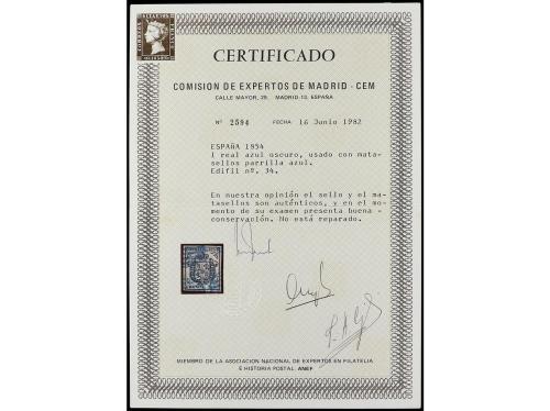 ° ESPAÑA. Ed. 34. 1 real azul, mat. parrilla AZUL. PRECIOSO.