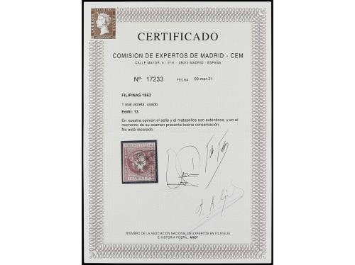 FILIPINAS. 1 real violeta. Mat. Parrilla Colonial. Sello RAR