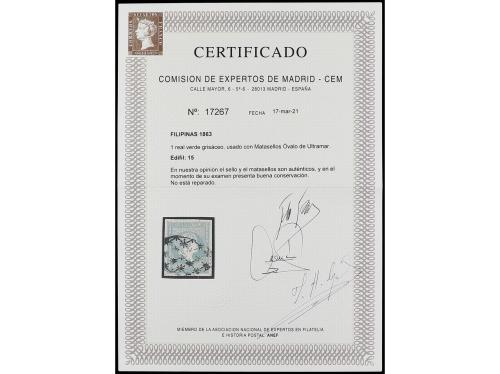 ° FILIPINAS. Ed. 15. 1 real verde gris, grandes márgenes. MA