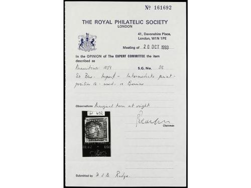 ° MAURICIO. Yv. 8A. 1859. 2 p. azul. Grabado intermedio (SG.