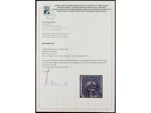 ° DINAMARCA. Yv. 1. 1852. 2 sh. azul, pl. I nº 55, Tipo I (F