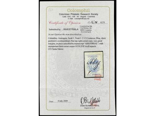 Δ COLOMBIA. Yv. 1. 1868. ANTIOQUÍA. 2 1/2 ctvos. azul. Mat. 