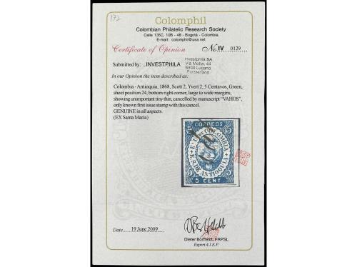 ° COLOMBIA. Yv. 2. 1868. ANTIOQUÍA. 5 ctvos. verde. Mat. man