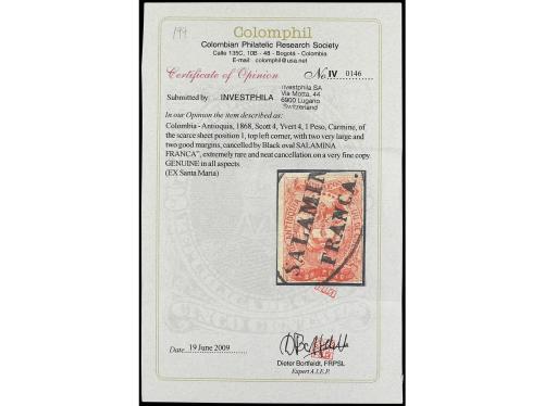 ° COLOMBIA. Yv. 4. 1868. ANTIOQUÍA. 1 peso rojo. Mat. ovalad