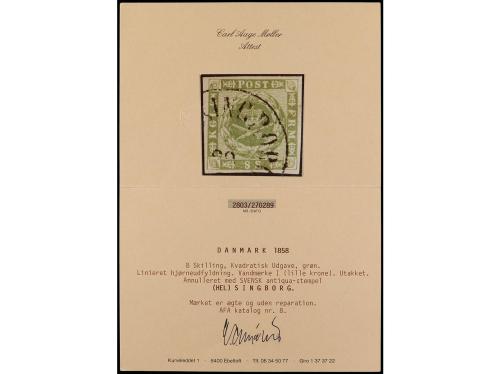 ° DINAMARCA. Yv. 9. 1858-63. 8 s. verde. Grandes márgenes. M
