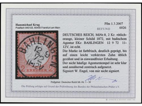 ° ALEMANIA. Yv. 8. 1872. 2 kr. naranja. Mat. fechador BAHLIN