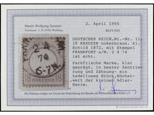 ° ALEMANIA. Yv. 11. 1872. 18 kr. bistre. MUY BONITO. Dictame