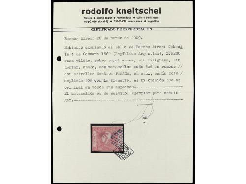 ° ARGENTINA. Yv. 15. 1862. BUENOS AIRES. 1 peso rosa. Mat. o